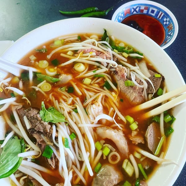 A large bowl of PHO 501's Vietnamese pho with beef, noodles, and bean sprouts.